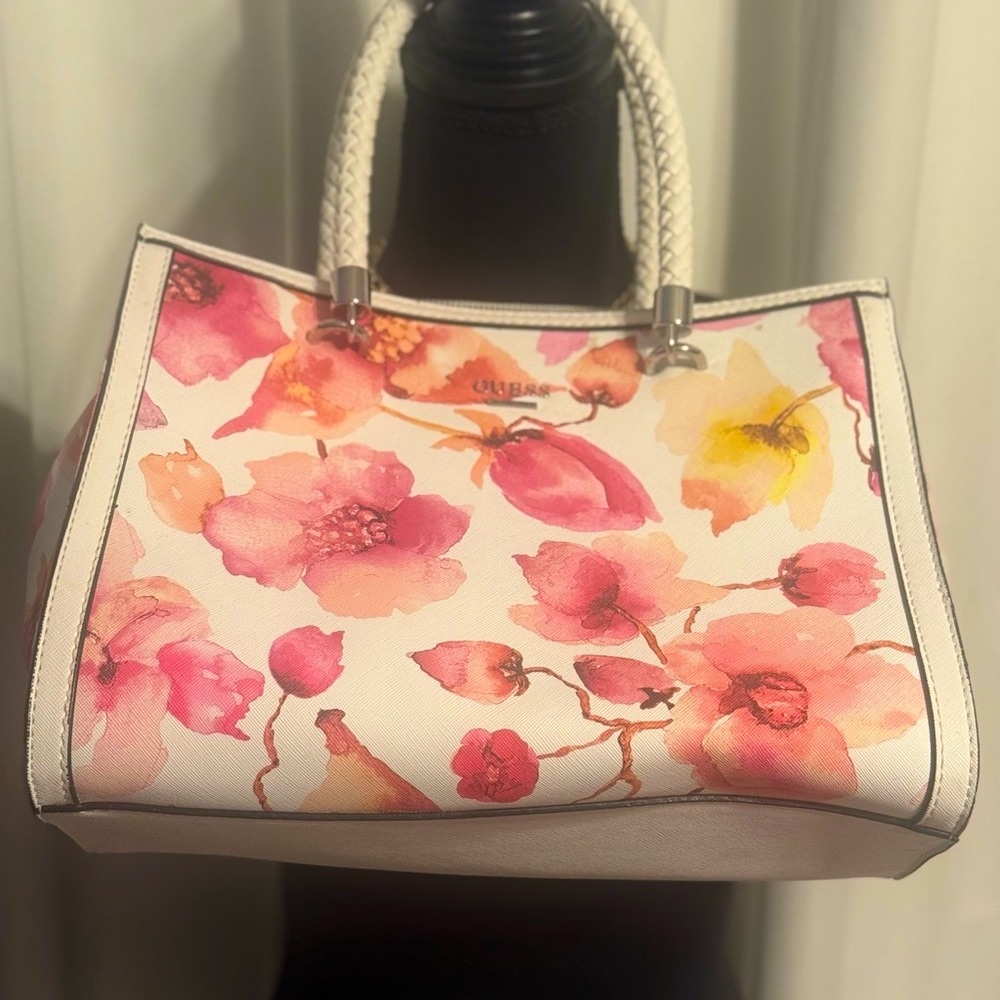 Guess Pink and White Floral Tote Bag